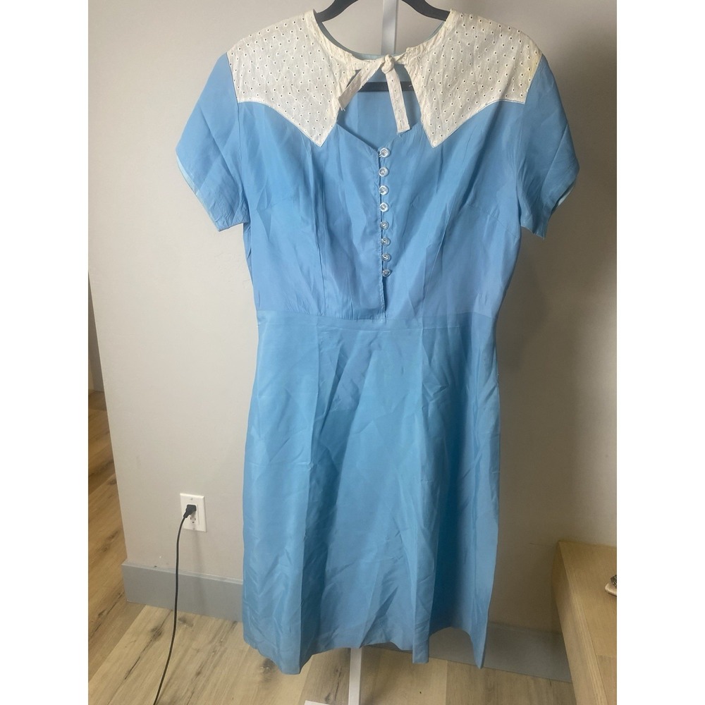 VTG 40's Blue Dress With Islet Collar Button Front Handmade Waist-32